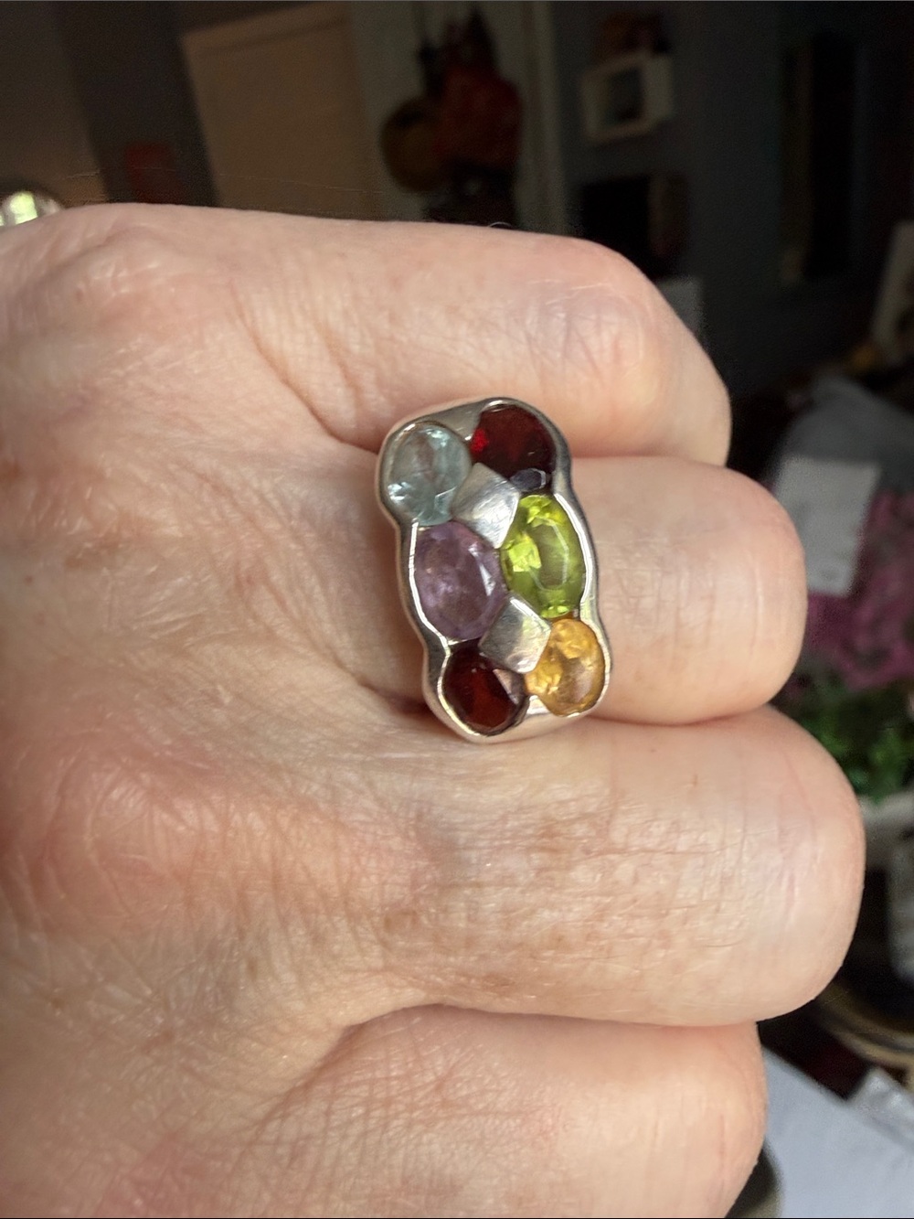 Multistone Sterling Silver Cocktail Ring in Green, Red, Purple, Yellow, Blue.